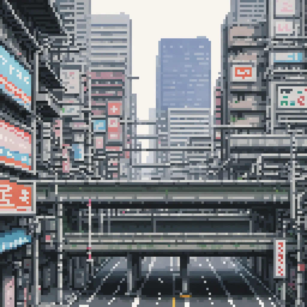 pixel art, 258 bits, sheet of various buildings and overpasses from bottom to top 2d empty in Shinjuku with buildings behind