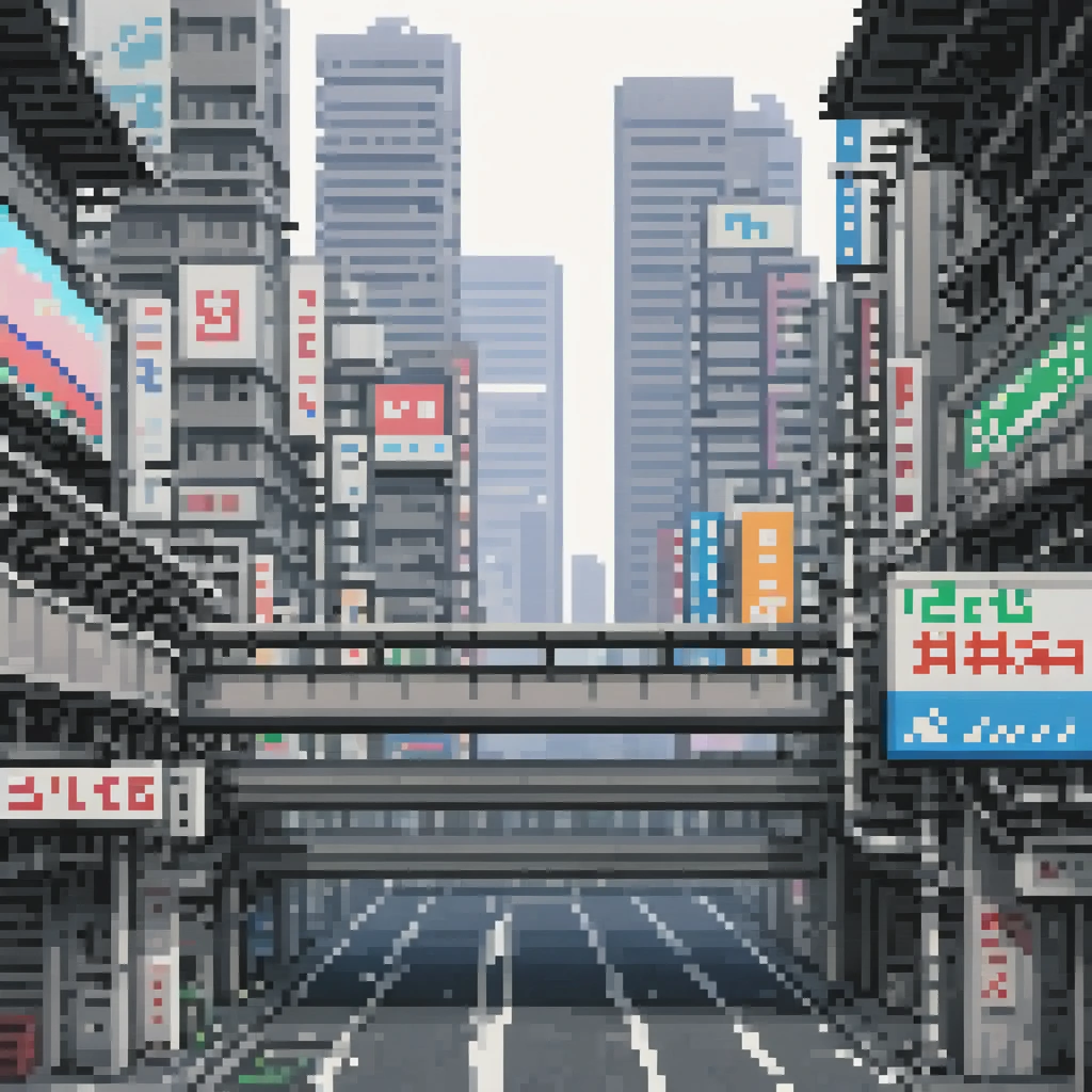 pixel art, 258 bits, sheet of various buildings and overpasses from bottom to top 2d empty in Shinjuku with buildings behind