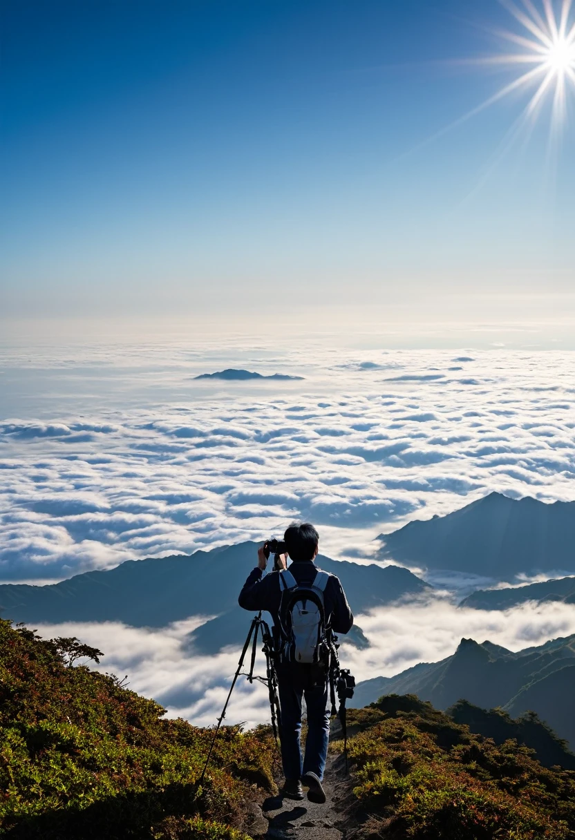 A Japanese man in his 50s with a camera hanging from his neck is walking through the mountains and photographing a sea of clouds. Beyond the sea of clouds, you can see the mountains, and the sea of clouds is shining in the morning sun. The man seems to be having fun. Photographed on.