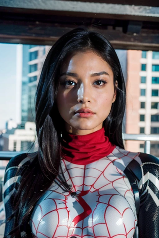 (Photo realistic) (ray tracing) (ultra detailed) (ultra detailed face and hands) (extremely detailed wallpaper), photo of the most beautiful scene in the world, Intricate, High Detail, Sharp focus, dramatic, photorealistic, (looking at viewer:1.2), (detailed pupils:1.3),(Highest Quality), (Photo realistic), (Masterpiece), full length body, detailed image, hyper realistic face and body, realistic 5 finger hands, Super realistic background, beautiful, young woman resembling Ariana Grande, Daylight, CIty, Rooftop, Moody Lights, Movie scene, standing pose, flash, smoke, dramatic, busty, Spiderman, sexy athletic tight tiny spidergirl, tight body-painted red and blue spiderman bodysuit, full length shot, daylight, Girl resembles Ariana Grande, Sunlight lighting Girls face and body, well lit face and body