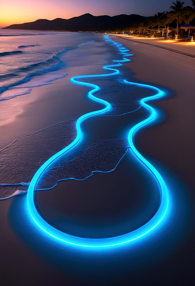 Deserted beach with blue lights, In the style of dynamic energy flow, Realistic Anamorphic Art, I can&#39;t believe how beautiful it is, Pool Core, Precise lines, Sparkling, Afro-Caribbean Influences - AR 9：16
