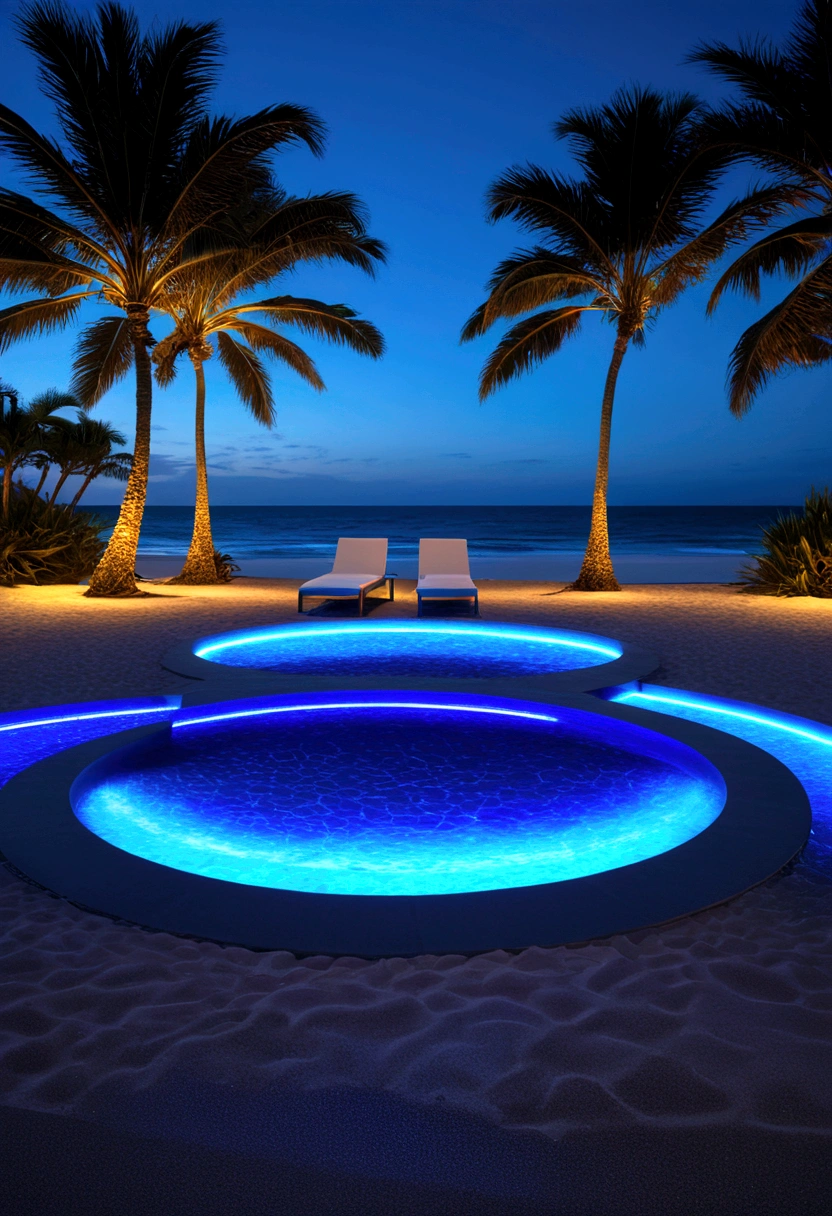 Deserted beach with blue lights, In the style of dynamic energy flow, Realistic Anamorphic Art, I can&#39;t believe how beautiful it is, Pool Core, Precise lines, Sparkling, Afro-Caribbean Influences - AR 9：16