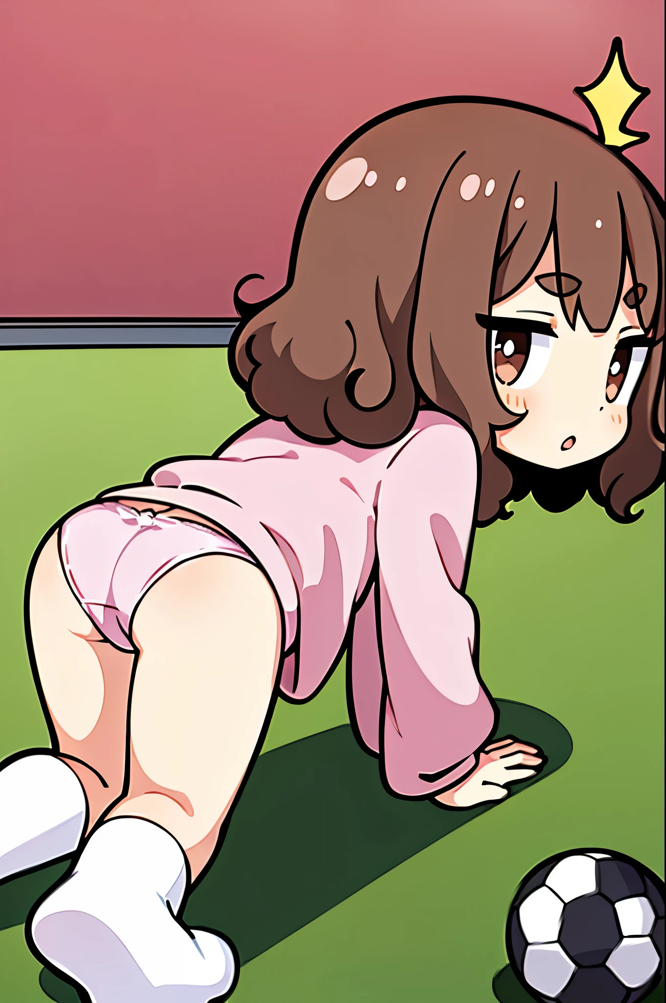 18 year old girl, large eyes, big eyelashes, thin eyebrows, half full cheeks, thick lips, curly brown hair, Brazilian long-sleeved soccer jersey with number 10, showing the ass, pink panties, long white socks, in pose on all fours