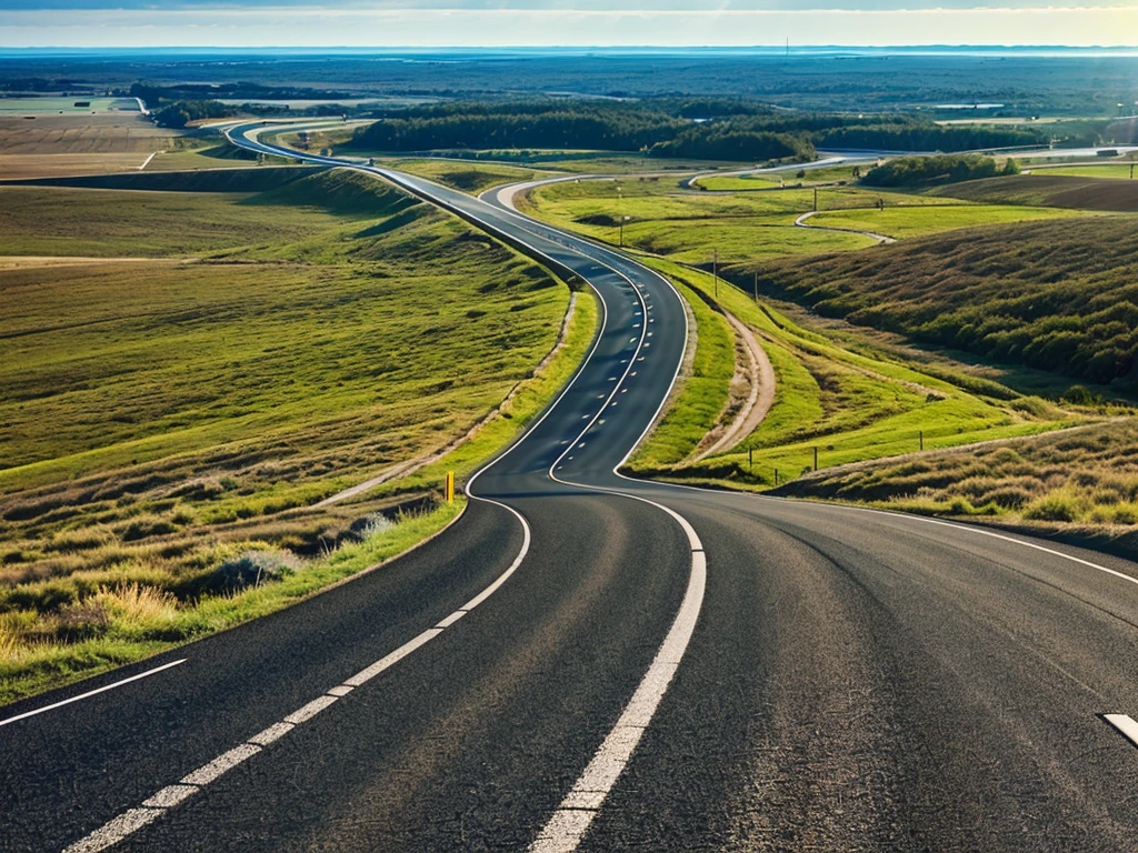 Long Image, Winding rod(The winding road),Horizontal highway,Bright light leading to the horizon,Sun beam