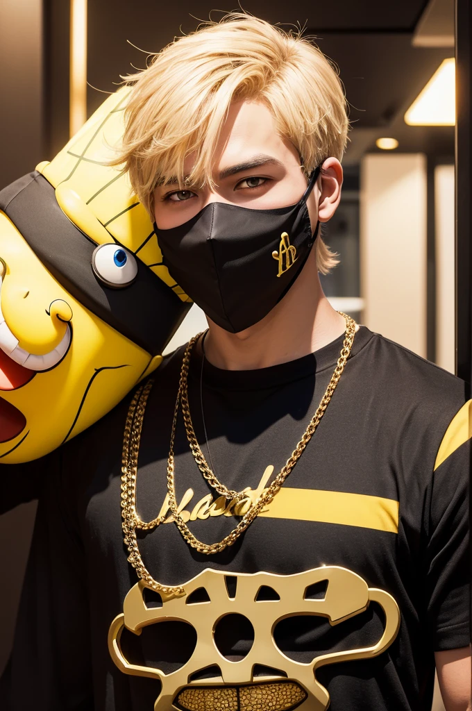Play the SpongeBob character with a mask covering half of your face, on your body you will have several diamond and gold chains, behind him will be luxurious cars 