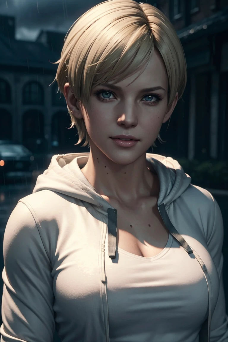 Resident Evil 6,Shelley,Short Hair,Blonde Hair,White hoodie,Cold protection,neck warmer,Photorealistic,Ultra HD,high quality,masterpiece,Digital SLR,Detailed details,Intricate details,Anatomical basis,Depicted in detail,A detailed face,Realistic skin texture,Vivid details,Perfect Anatomy,Perfect Anatomy,Anatomically correct hand,Anatomically correct fingers,Super Detail,Complex 3D rendering,Sexy pose,Rainy Sky,Beautiful scenery,Fantastic rainy sky,Picturesque,Pink Lips,smile,
