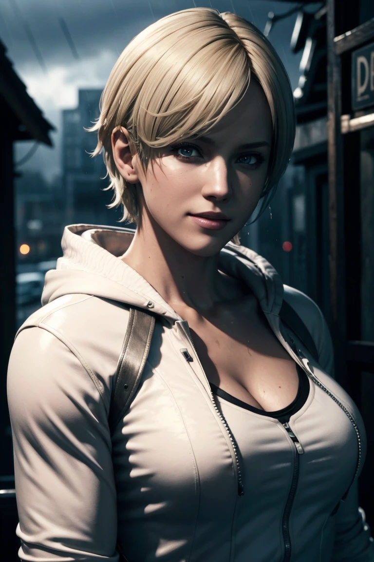 Resident Evil 6,Shelley,Short Hair,Blonde Hair,White hoodie,Cold protection,neck warmer,Photorealistic,Ultra HD,high quality,masterpiece,Digital SLR,Detailed details,Intricate details,Anatomical basis,Depicted in detail,A detailed face,Realistic skin texture,Vivid details,Perfect Anatomy,Perfect Anatomy,Anatomically correct hand,Anatomically correct fingers,Super Detail,Complex 3D rendering,Sexy pose,Rainy Sky,Beautiful scenery,Fantastic rainy sky,Picturesque,Pink Lips,smile,
