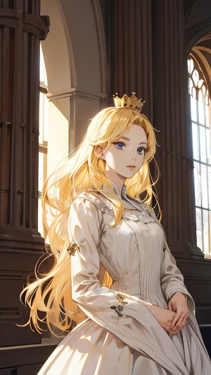 (high quality, sharp focus) 1girl, 2 boy, different hair color, blonde hair girl, royal era, beautiful dress, castle things, crown, cinematic graphic