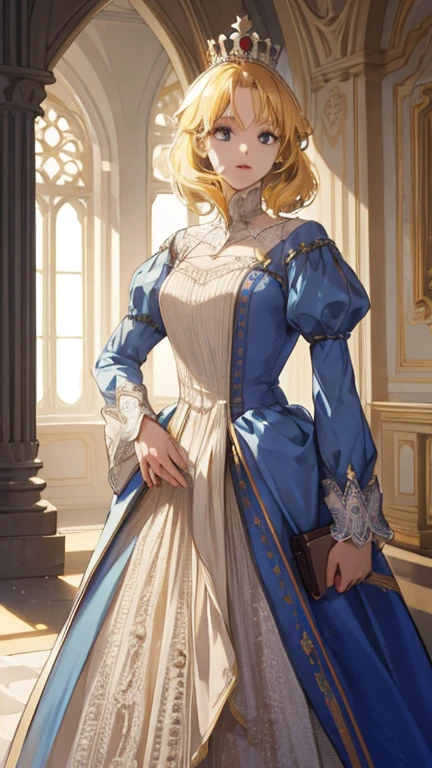 (high quality, sharp focus) 1girl, 2 boy, different hair color, blonde hair girl, royal era, beautiful dress, castle things, crown, cinematic graphic