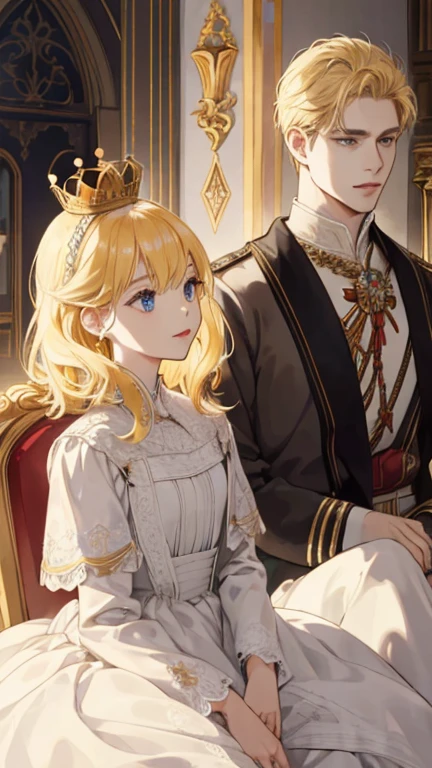 (high quality, sharp focus) 1girl, 2 boy, different hair color, blonde hair girl, royal era, beautiful dress, castle things, crown, cinematic graphic