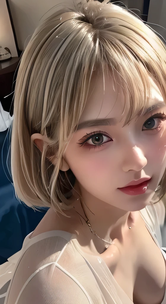 real、( face, virgin face, masterpiece, 1 Girl, Very detailed, Fine skin, White skin, Lighten up the subject, Movie Light, beautiful face, Beautiful Eyes, Lip gloss), (((Ash Blonde Hair)))、((Short Bob))、Micro Summer Knit Dress、(((((Sheer))))), Blunt bangs,blue eyes, (((large natural breasts))), On the bed