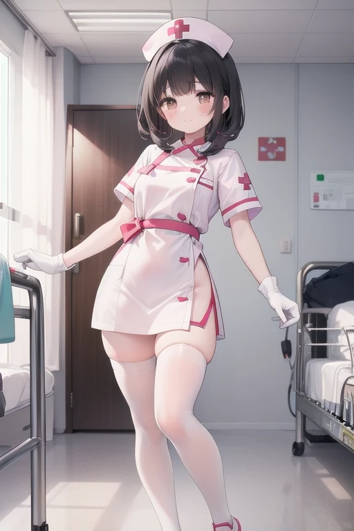 1girl, 独奏, nurse, nurse cap, white wear, ((white legwear, zettai ryouiki)), white gloves, pink hair,  drooping eyes, ((covered nose)), standing, ((hospital room)), sharp outline, short sleeves, best quality, masterpiece，Fleshy，Brown eyes，Black hair，happy，lol，red waistband，Black clothes，Full body shot，Thick thighs，Strike a pose