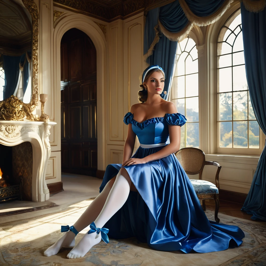A majestic supermodel poses within a lavish castle bedroom, illuminated by soft morning light streaming through the window. The stunning woman's entire figure is visible, showcasing her fit and curvy physique. Her dark blue eyes sparkle with intrigue, as she sits with knees together and feet apart, wearing an apron and blue dress cinched at the waist by a black headband adorned with a flowing ribbon. Delicate white socks peek out from beneath the hem of her dress, adding to the overall elegance of this captivating scene.