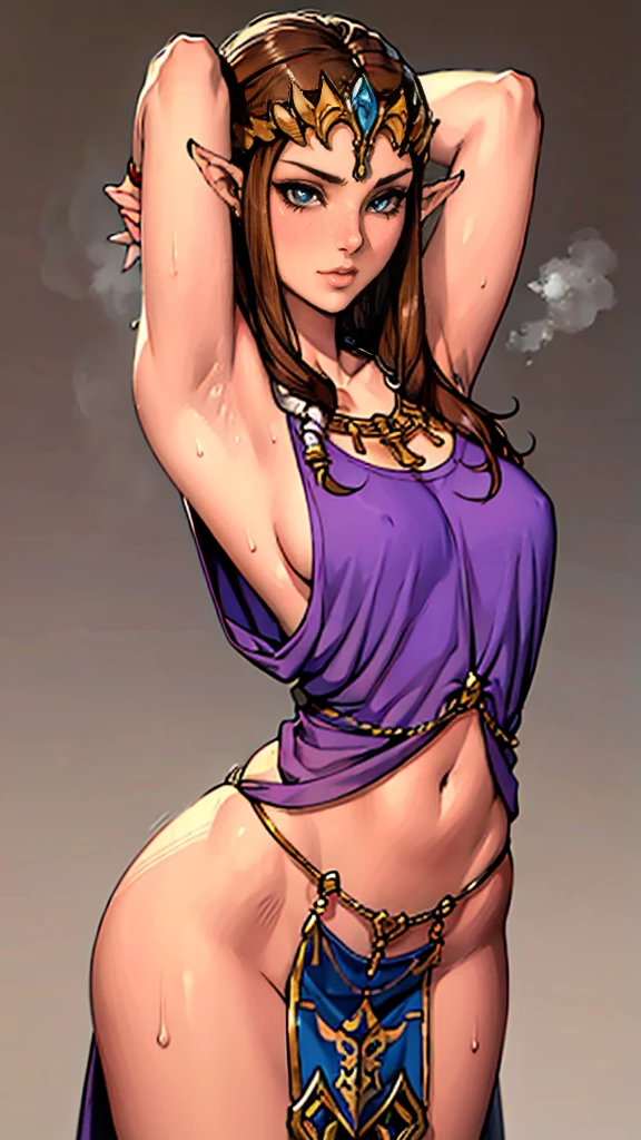 8K high quality, high accuracy, Princess Zelda, beautiful figure, beautiful face, small face, twilight princess, beautiful woman, bright, highlights in eyes, small ears, brown hair, illustration, beautiful line drawing. Adult female, depicted head to belly, arms raised, armpits showing, arms behind head, simple background, blue eyes, sweaty, sweaty, tank top outfit,