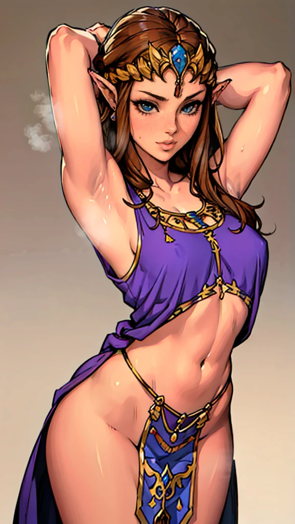 8K high quality, high accuracy, Princess Zelda, beautiful figure, beautiful face, small face, twilight princess, beautiful woman, bright, highlights in eyes, small ears, brown hair, illustration, beautiful line drawing. Adult female, depicted head to belly, arms raised, armpits showing, arms behind head, simple background, blue eyes, sweaty, sweaty, tank top outfit,