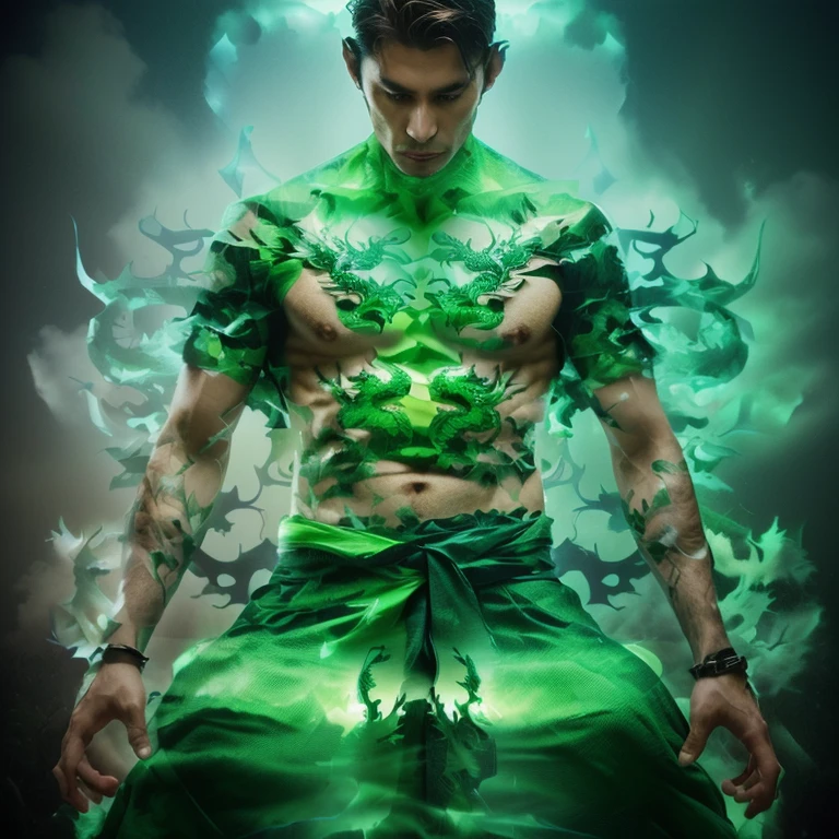 double exposure merged, a man, a green-dragon (transparency effect green-dragon image fit on his chest) seamless mix, flawless, image fit on his chest, perfect body