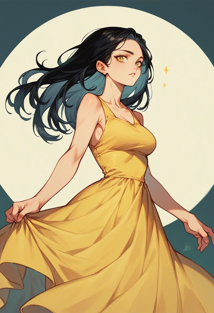Black haired woman wearing a yellow dress