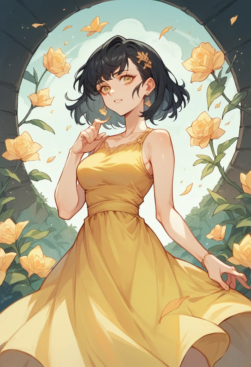 Black haired woman wearing a yellow dress