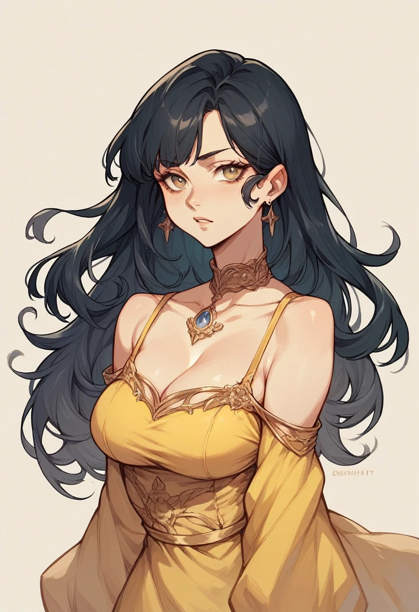 Black haired woman wearing a yellow dress