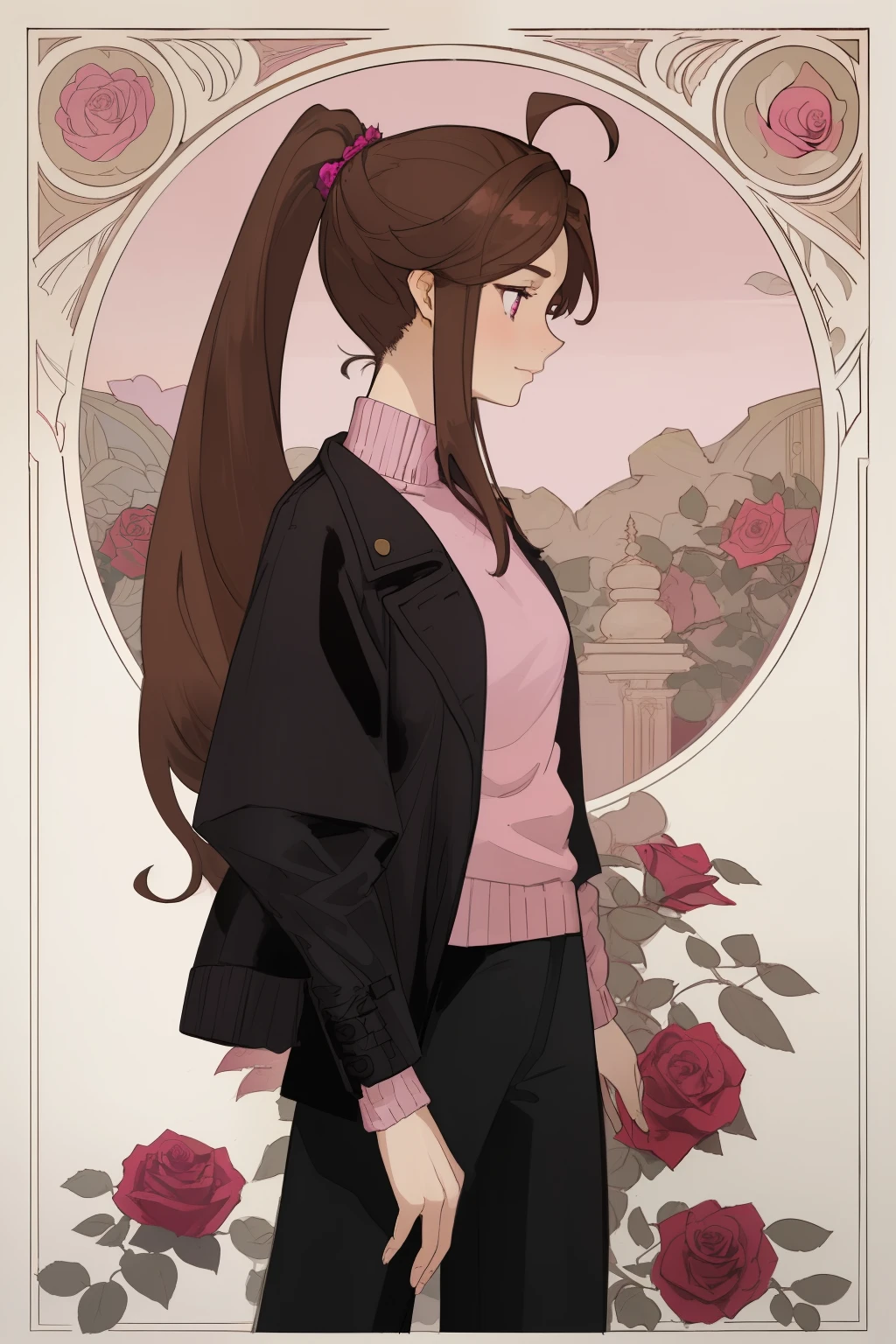 Art Nouveau Style, poster in a theater, (art by wes anderson), 2d, ((masterpiece, best quality)), (1girl), (solo), (female focus) (adult woman), (ahoge, brown hair, long hair, ponytail), violet eyes (detailed face, detailed and shiny eyes), Brown hair with white gradient at the ends, ponytail, parted bangs, long locks, little smile, in good mood ((dark pink sweater, black jacket), (open jacket), ((black pants)) (rose bushes aroun) (touching a rose delicately), standing, Profile, random and beauty background