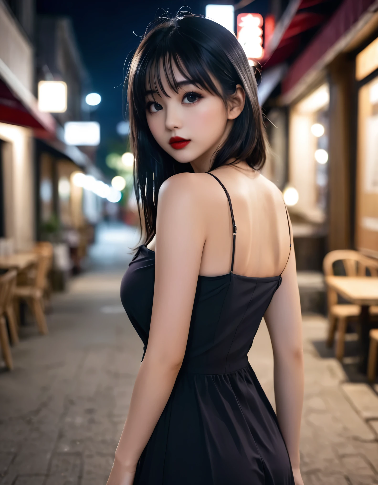 a girl，cute and pretty face，Long straight black hair，Long bangs covering eyes，long eyelashes，(Fine eyes)，small eyes，(half-closed eyes)，(Dark lipstick)，(Dark eyeshadow)，Slim body，Large breasts，Slender limbs，spaghetti strap dress，outside an old coffee shop，night，clean focus，shallow Depth of Field，Ultra-detailed faces，very beautiful face，Extremely high texture skin，Look to viewer，little smirk，beautiful legs，seductive，femainine pose，(realistic ，realistic-photo，RAW photo，8K original)，lens flare，film grain，artistic photography，UHD，highres，masterpiece，retina，