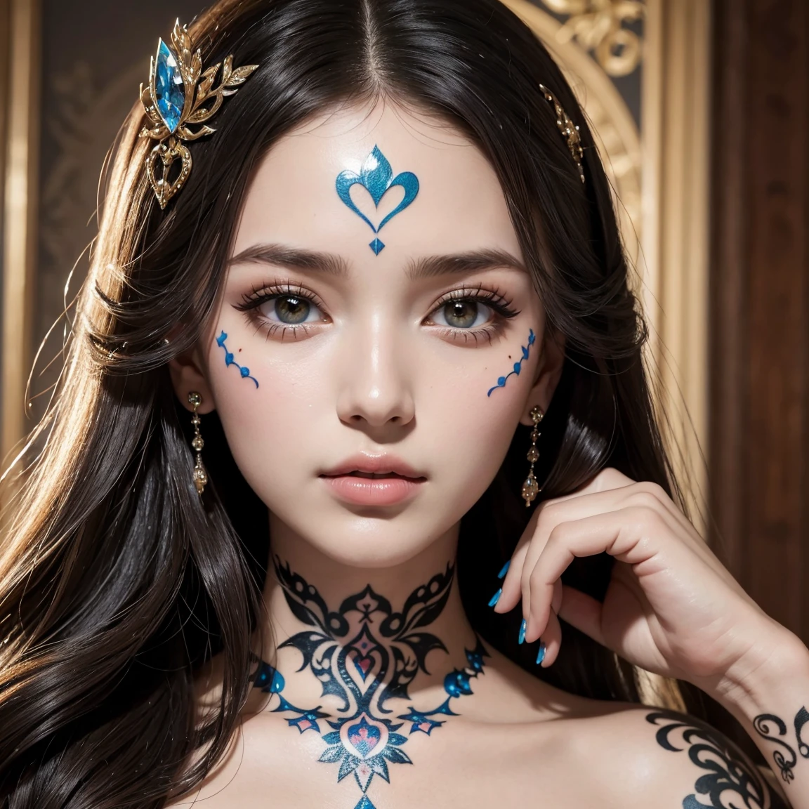(masterpiece, best quality), ultra detailed, high resolution, 16k, the most beautiful face in the world, perfect face, delicate facial features, highly detailed beautiful face and eyes, shiny skin, highly detailed background, elaborately designed, fine cloth texture, BREAK, (gorgeous and stunning teenage princess in gorgeous and luxurious princess dress:1.2), perfect make-up, eyeshadow, lash extensions, rouge, deeply in love, full of elegance, (face tattoo:1.3)