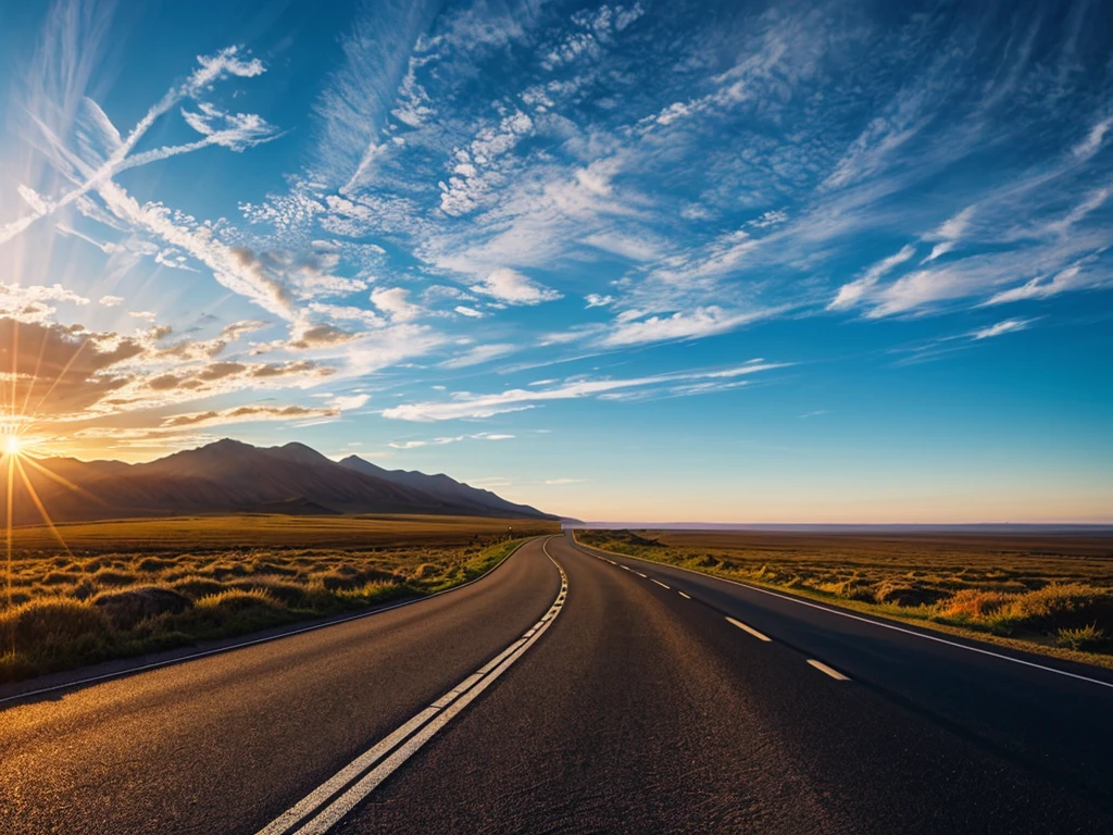 Long Image, Winding rod(The winding road)，Spacious road，Bright light leading to the horizon,Sun beam