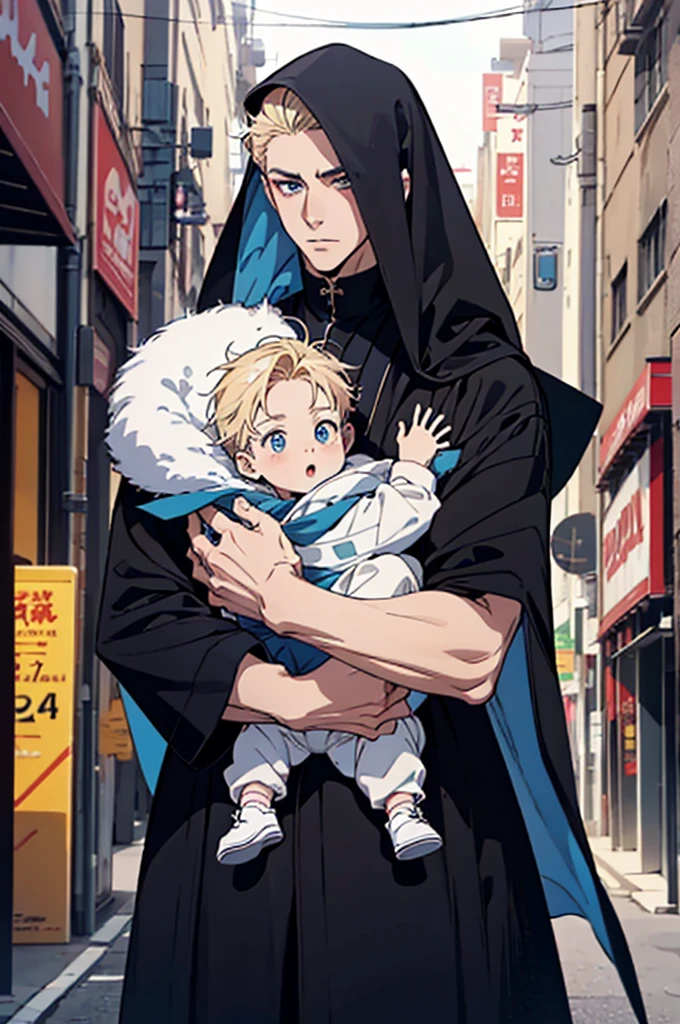 Picture quality up to 8K, High quality images,Anime boy holds a baby in his arms while standing on the street., artwork in the style of Guvez, Guvez, Tall anime guy with blue eyes., Wear a black cloak, luxurious veil , anime cover, guys, Highest rating on pixiv, anime boy, Manga cover style, Two handsome anime guys, pixiv daily ranking, Manhwa, Guvez on pixiv artstation