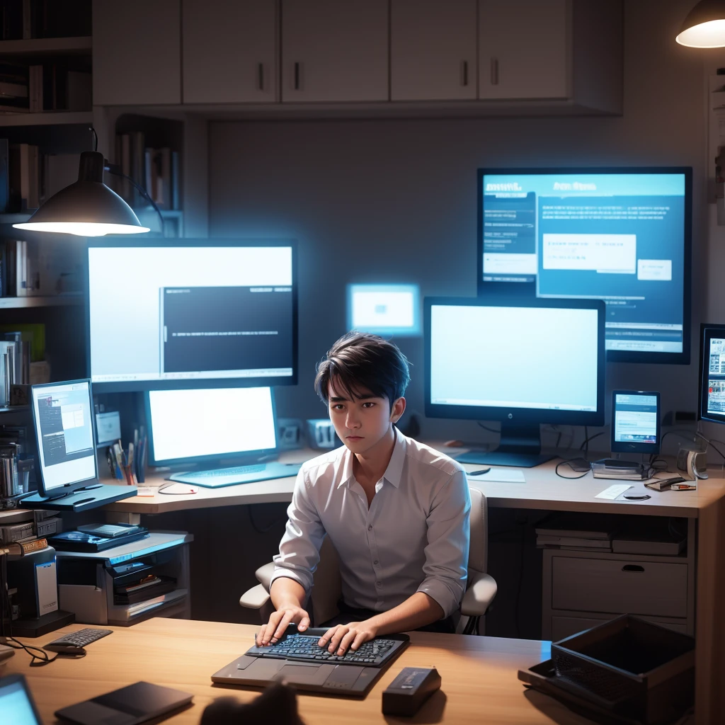 man in office working on computer in pc game