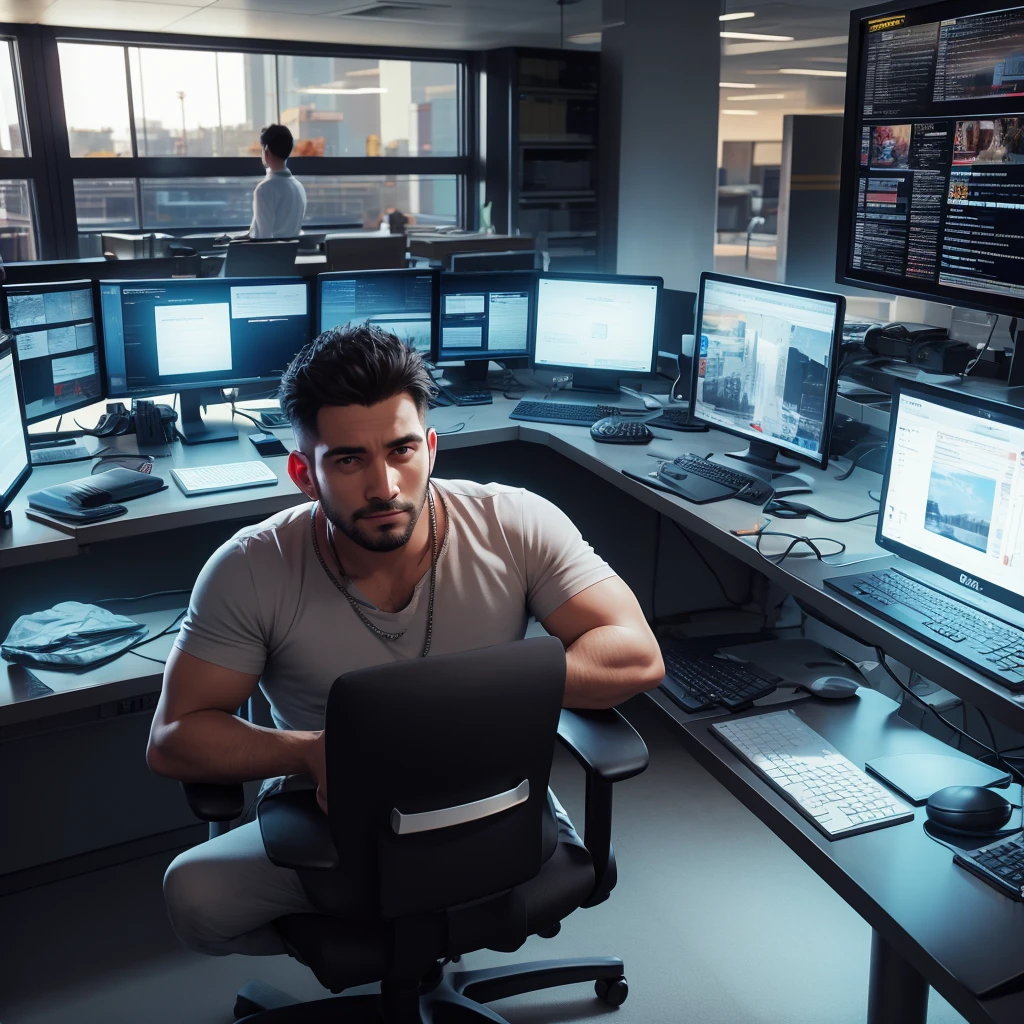 man in office working on computer in pc game