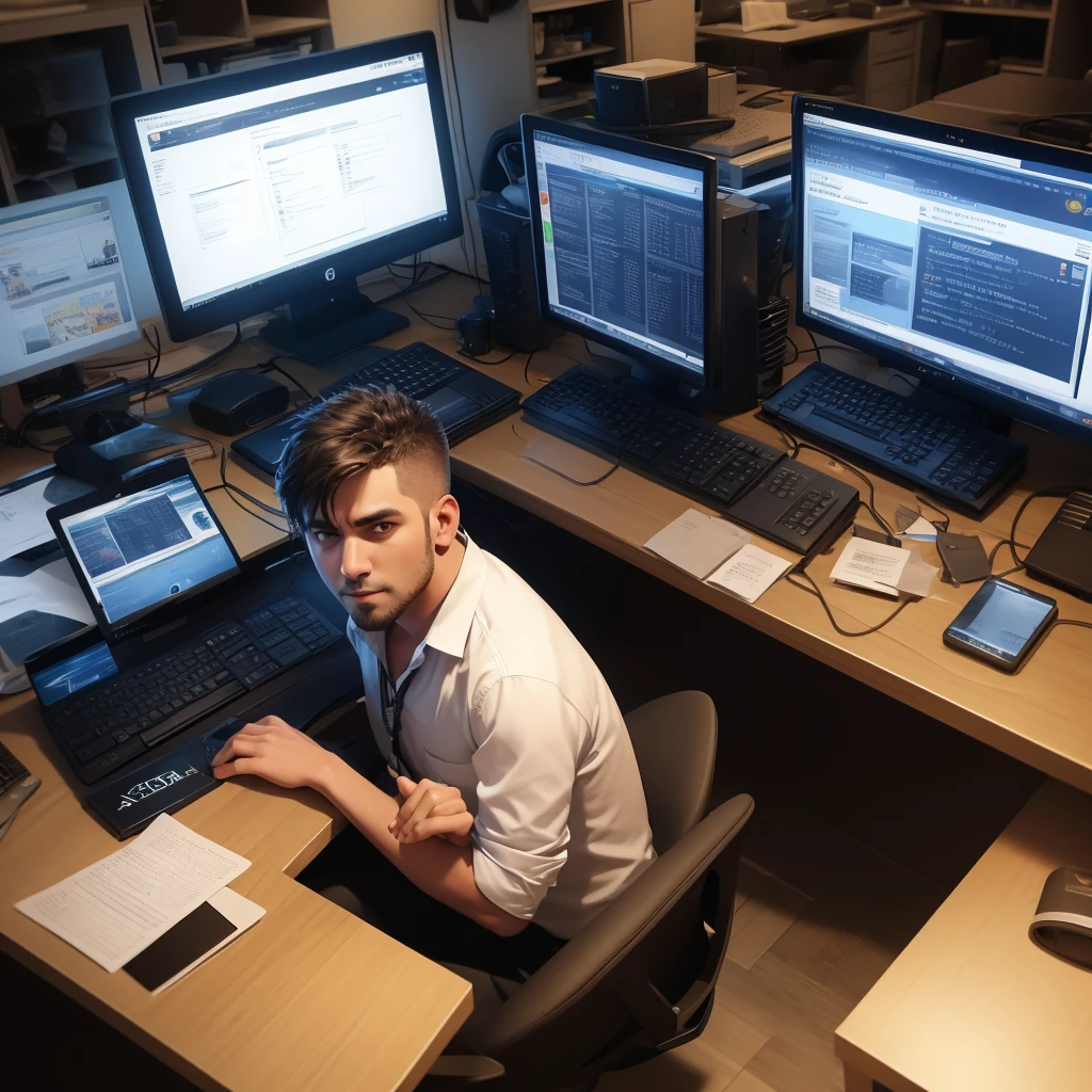 man in office working on computer in pc game