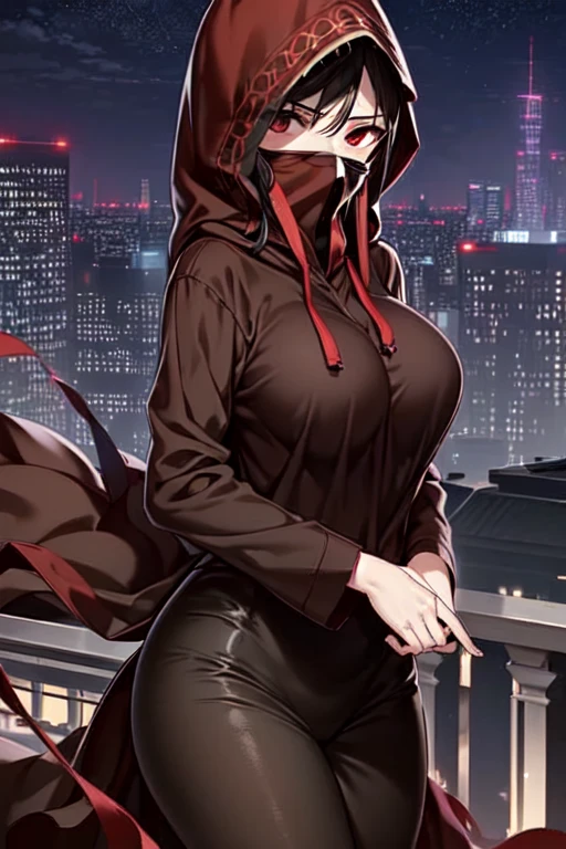 NNAssassinFSF, 1girl, solo, large breasts, black hair, red eyes, long sleeves, dress, hood, black dress, black cloak, hood up, black robe, covered mouth, hooded cloak, ((masterpiece,best quality)) cowboy shot, city, park, night