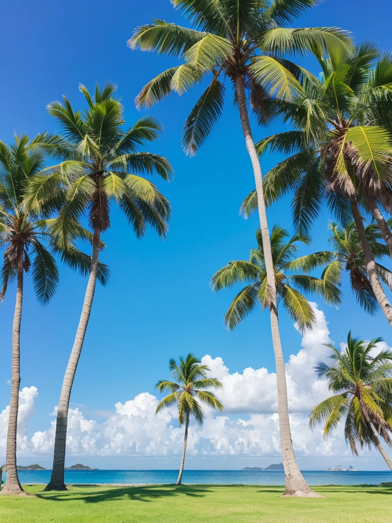 A wide, clear blue sky and beautiful green grass with a single palm tree in the middle of the image