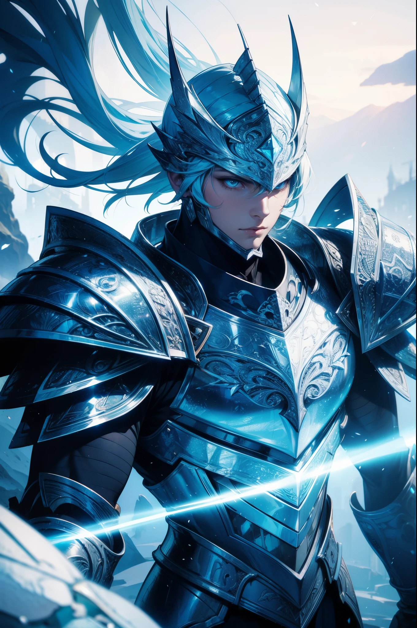 Ice knight, man with fine armor, intricate design, ocean blue details, silk, cinematic lighting, 4k, floating hair, sharp, prism, shining knight. Man with details armor. 