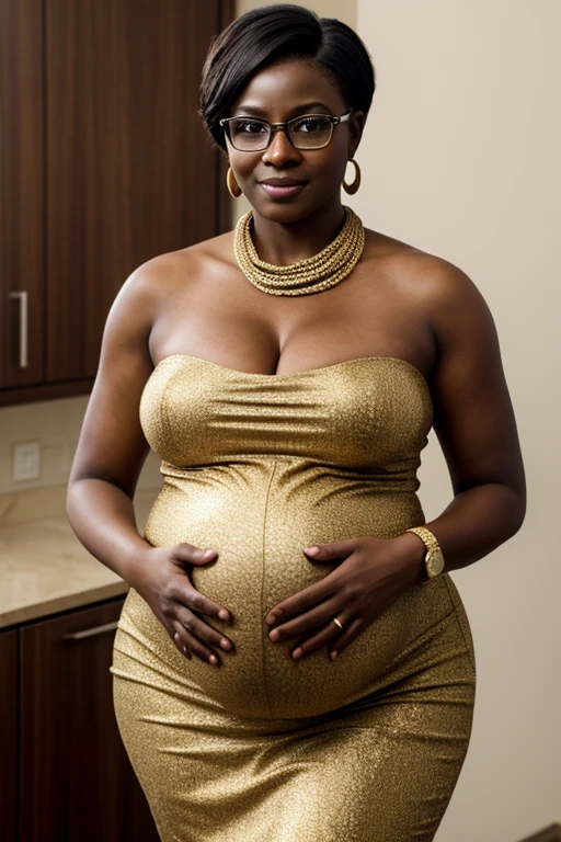 film photo of attractive woman, politician, dark-skin, native african, nigerian, khoudia diop, 30 years old, 8k ultra hd, realistic, dim lighting, beautiful, huge cleavage, freckles, ((bare shoulders)), short pixie cut, earrings, huge hips, glasses, (huge pregnant belly), midriff, voluptuous, scarf, smirking, intricate details