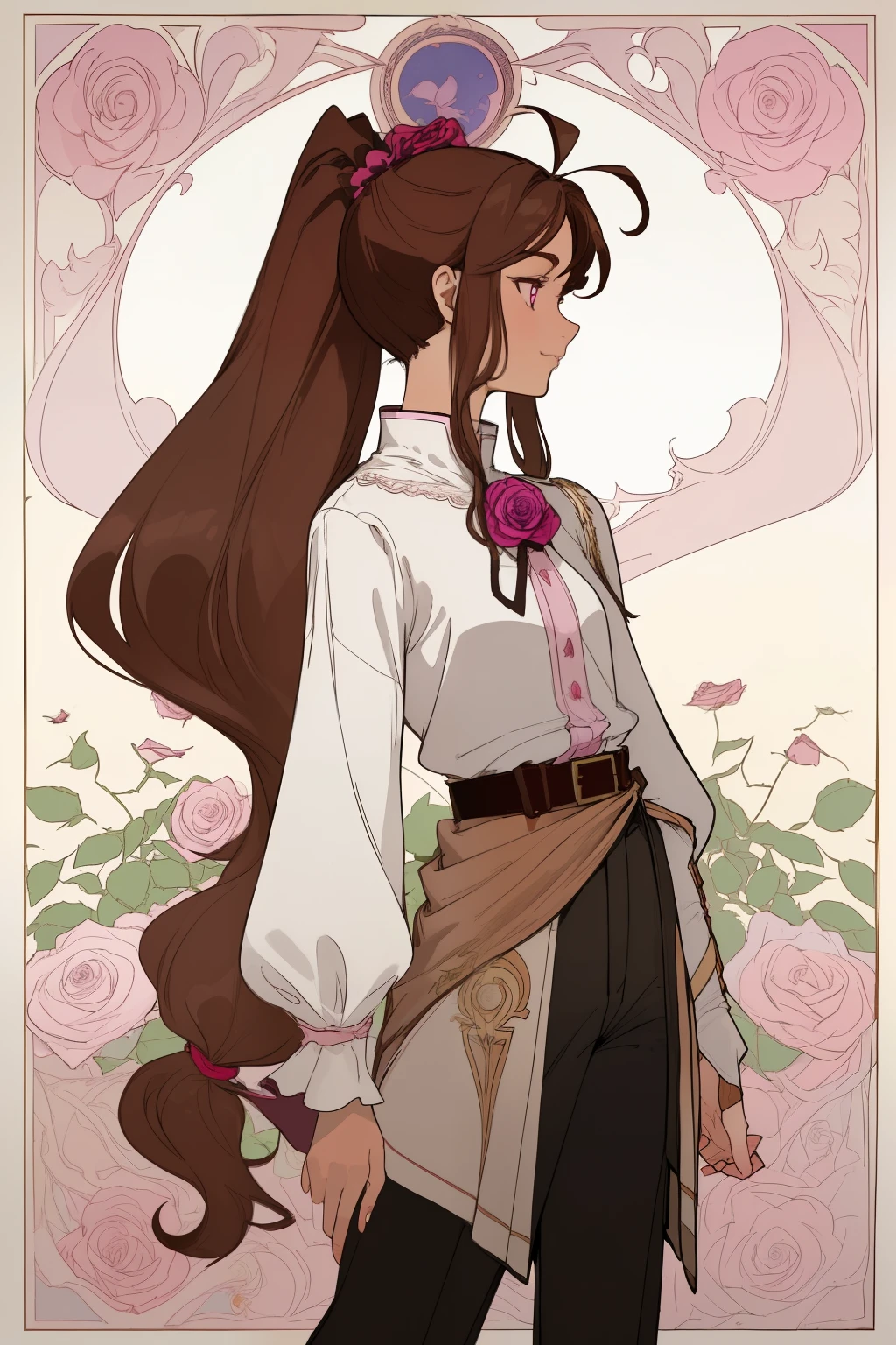 Art Nouveau Style, poster in a theater, (art by wes anderson), 2d, ((masterpiece, best quality)), (1girl), (solo), (female focus) (adult woman), (ahoge, brown hair, long hair, ponytail), violet eyes (detailed face, detailed and shiny eyes), Brown hair with white gradient at the ends, ponytail, parted bangs, long locks, little smile, in good mood ((Fuchsia hero tunic, white shirt underneath, brown belt at the waist, black pants), ((tunic)) (rose bushes around) (touching a rose delicately), standing, Profile, random and beauty background