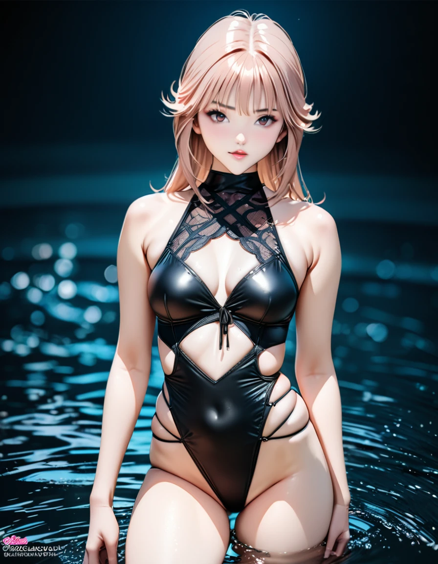 (best quality, high quality, photography, hyperrealism, masterpiece, 8k:1. 3),1 GIRL.Slender, Japanese idol,blackstraight,bobbed hair,A seductive one-piece swimsuit featuring an off-shoulder design, revealing bare shoulders and supported by double thin straps. The swimsuit includes a large, voluminous ruffle from one shoulder across the chest, emphasizing its y and feminine design. The sides have daring lace-up cutouts. The swimsuit is in a sultry black color, plain and solid without any patterns.
