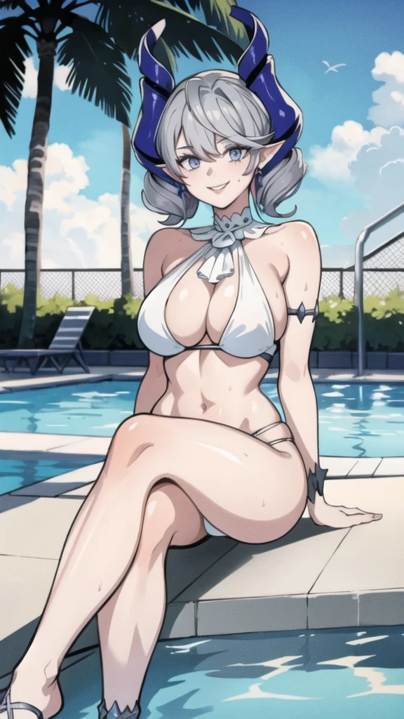 High level image quality　best image quality　8K　 adult woman  pool party  sunset　palm trees   whole body view　portrait　 bikini   　horn    ears  　short hair（（shortcut）（gray hair）（perm）（fluffy））　eye color is blue  , 　attractive evil face , smile   ,  sexy pose   ,  labrynth ,  barearm    , wearing white , looking up   ,  sitting by the pool   , crossed leg style in detailed , anklet , view foot arc  , view from below