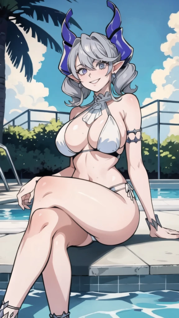 High level image quality best image quality 8K adult woman pool party sunset palm trees whole body view portrait bikini horn ears short hair((shortcut)(gray hair)(perm)(fluffy)) eye color is blue , attractive evil face , smile , sexy pose , labrynth , barearm , wearing white , looking up , sitting by the pool , crossed leg style in detailed , anklet , view foot arc , view from below