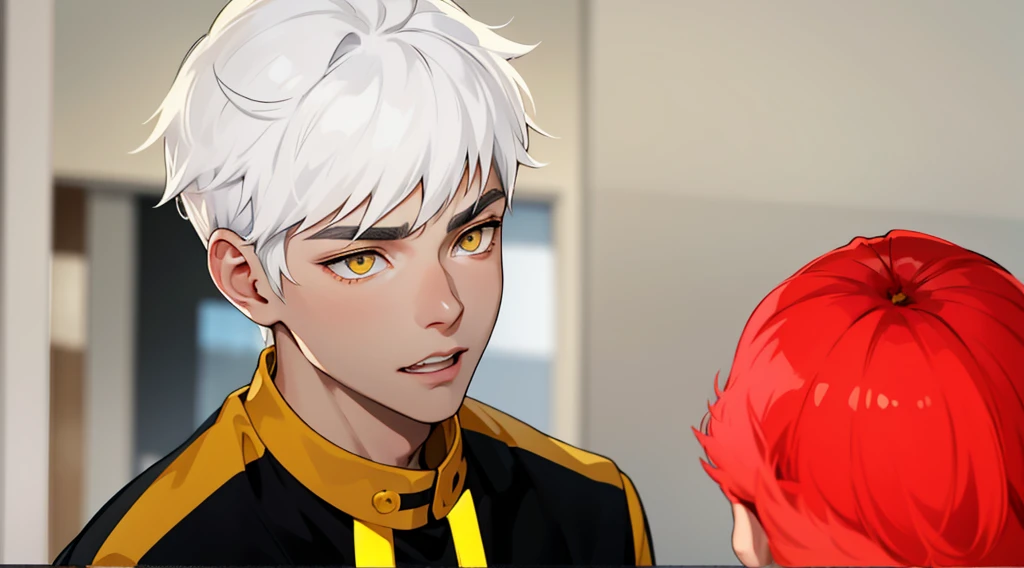 cute  boy yellow eyes white hair black clothes with yellow he is talking he is cold serious calm