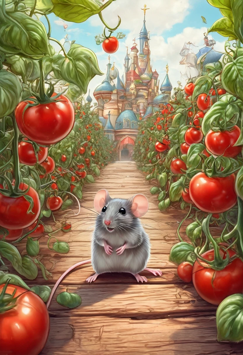 **funny cartoon on bg smooth paper, thinner pencil drawn lines, short sharp focus, vanishing point, 8K UHD, vignetting, colored funny artistic creature, cute cartoon mouse sitting in front of very red red tomatoes, by Robert Richenburg, process art, hyper detailed illustration, full body closeup, illustration, trending on artstation, sharp focus, studio shot, intricate details, highly detailed, by greg rutkowski**