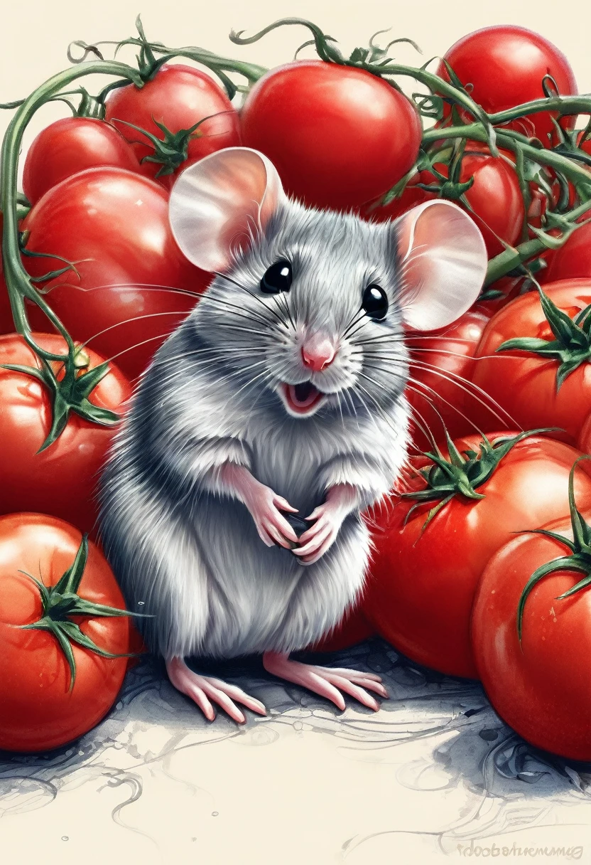 **funny cartoon on bg smooth paper, thinner pencil drawn lines, short sharp focus, vanishing point, 8K UHD, vignetting, colored funny artistic creature, cute cartoon mouse sitting in front of very red red tomatoes, by Robert Richenburg, process art, hyper detailed illustration, full body closeup, illustration, trending on artstation, sharp focus, studio shot, intricate details, highly detailed, by greg rutkowski**