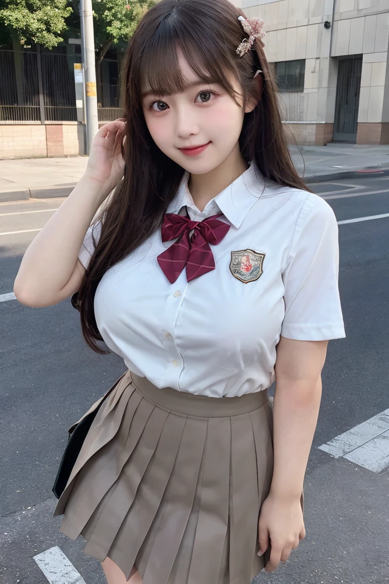 (Best quality,masterpiece,ultra detailed,8K,RAW photo,realistic,high resolution:1.2),(Pretty Japanese girl),(Super huge tits:1.4),(light brown hair),(school uniform,white shirt,pleated skirt:1.4),(voluptuous:1.4),(shoulder length),(light smile),(chubby:1.4)