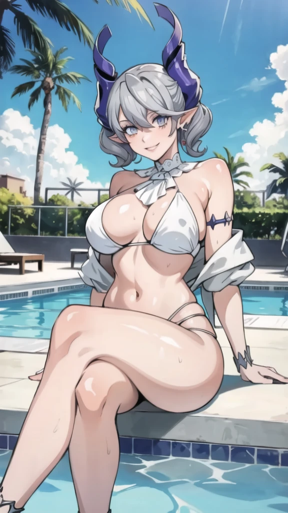 High level image quality best image quality 8K adult woman pool party sunset palm trees whole body view portrait bikini horn ears short hair((shortcut)(gray hair)(perm)(fluffy)) eye color is blue , attractive evil face , smile , sexy pose , labrynth , barearm , wearing white , looking up , sitting by the pool , crossed leg style in detailed , anklet , view foot arc , view from below