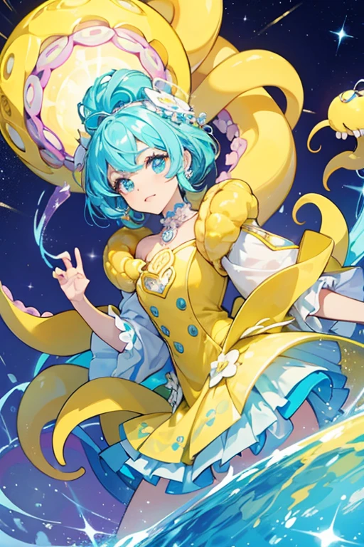 sHe is a yellow octopus with cyan, triangular eyebrows and white and lavender tentacles. sHe also has a ring of cyan spheres around her ‘neck’. sHe has a yellow antenna with a pink tip which can turn cyan when parried. SPARKLE; GLITTER