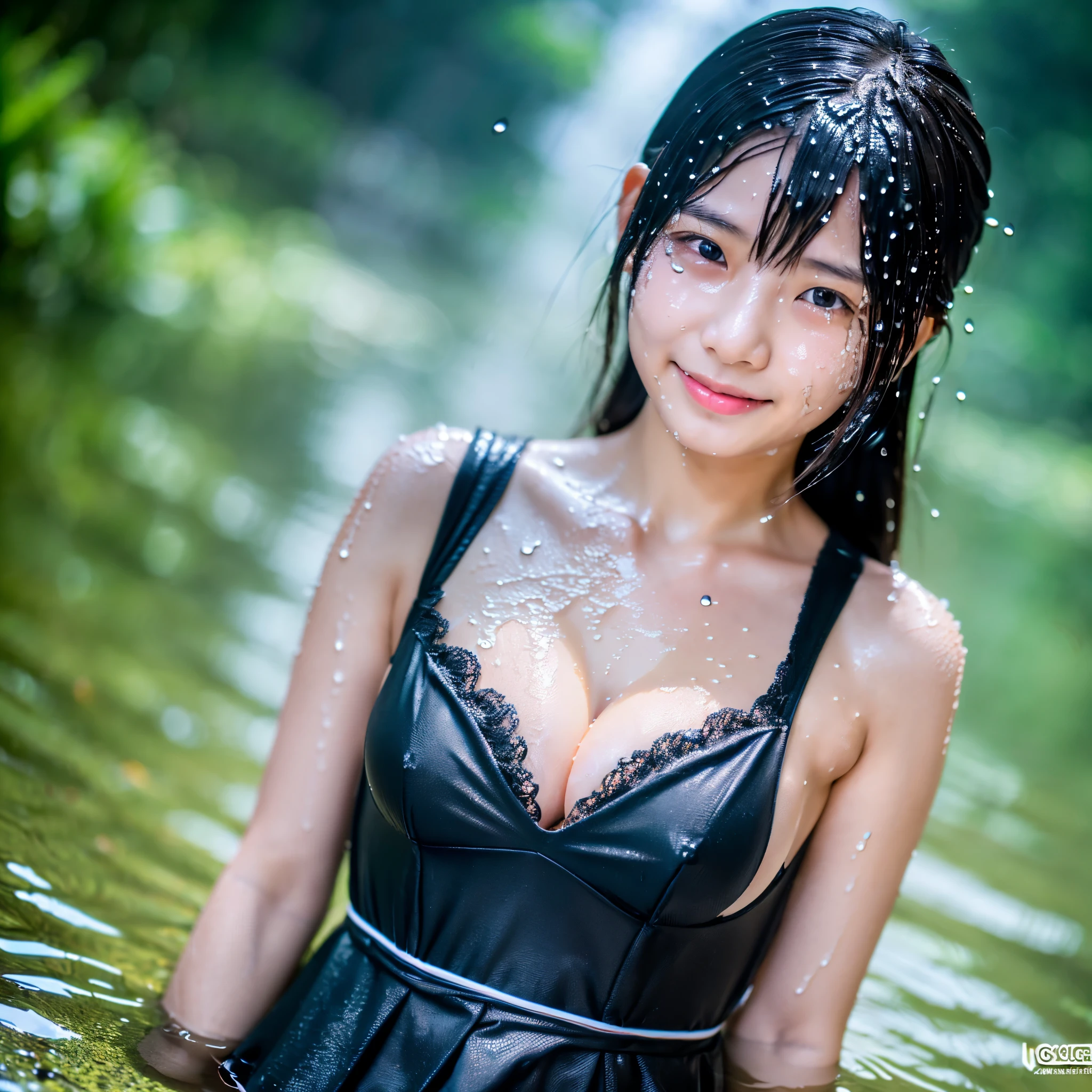 songkran,Wet city road ,drenched, Dripping, Wet Face,Wet clothes, Wet Skin, Wet Hair,A young woman with a cute face like an idol,(((Cleavage))),(Maid clothes),(((The clothes start to melt in the water and the skin becomes visible.))),RAW Photos,Genuine,Genuine,High resolution,RAW Photos,masterpiece, beautiful