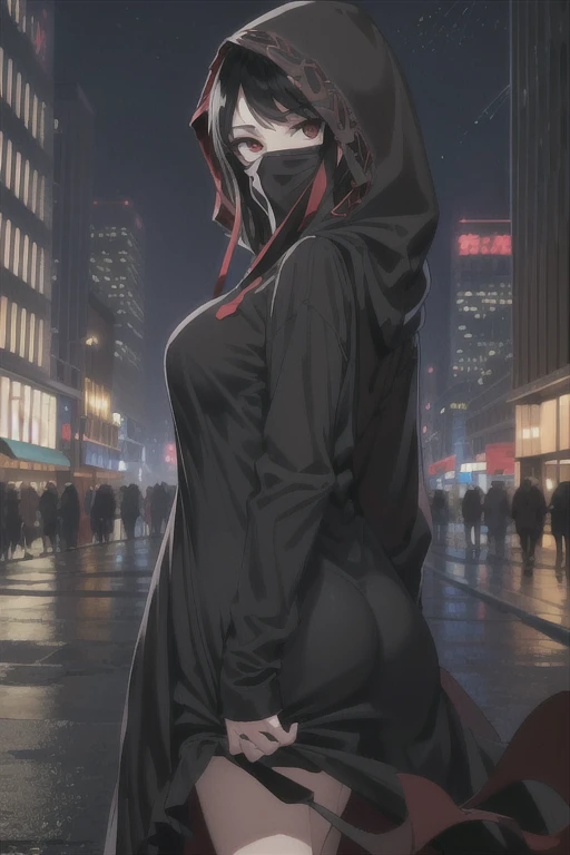 NNAssassinFSF, 1girl, solo, large breasts, black hair, red eyes, long sleeves, dress, hood, black dress, black cloak, hood up, black robe, covered mouth, hooded cloak, ((masterpiece,best quality)) cowboy shot, city, park, night