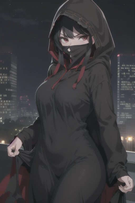 NNAssassinFSF, 1girl, solo, large breasts, black hair, red eyes, long sleeves, dress, hood, black dress, black cloak, hood up, black robe, covered mouth, hooded cloak, ((masterpiece,best quality)) cowboy shot, city, park, night