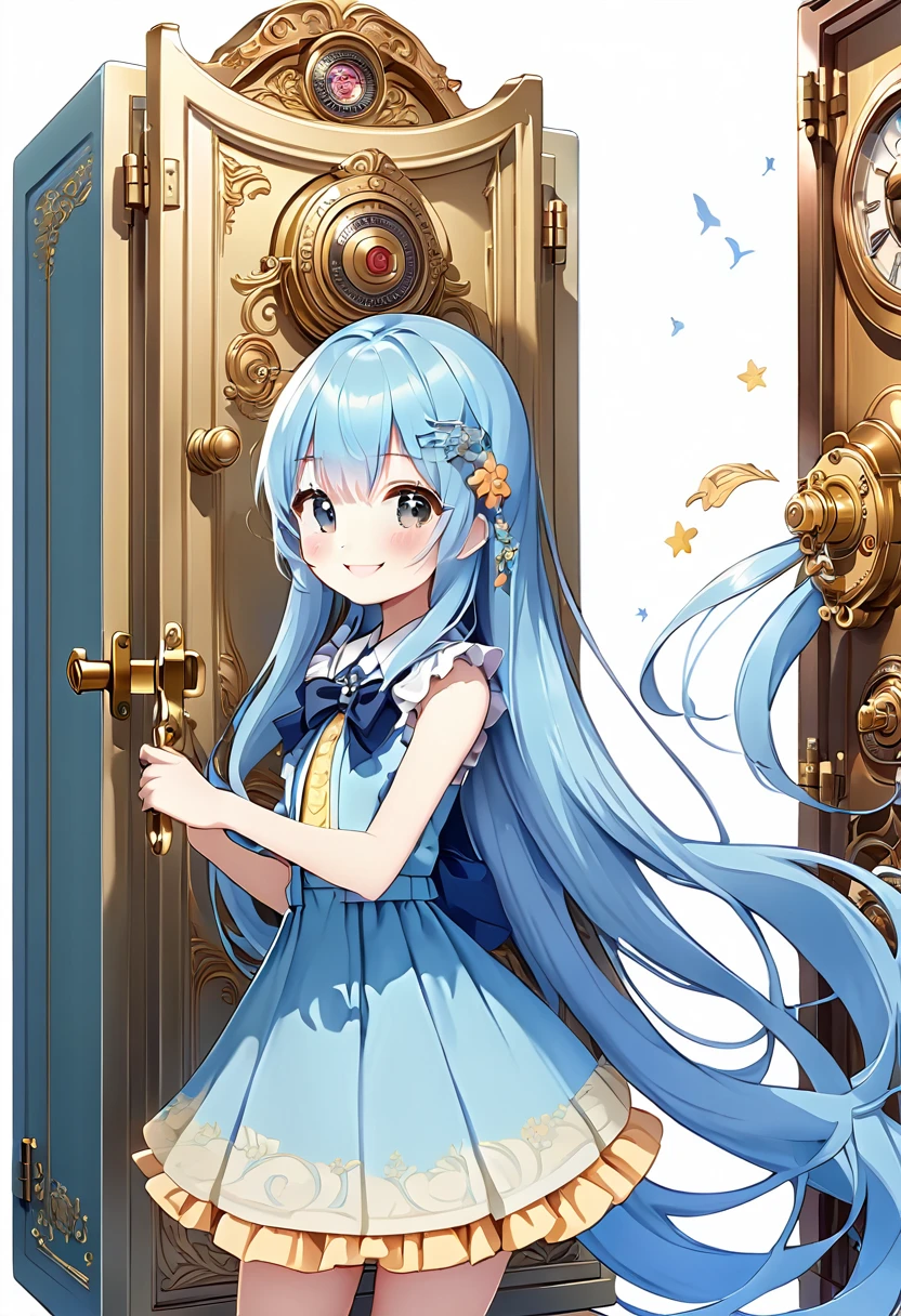 Light blue long hair、Twin-tailed Girl、holding a big key、Bright smile、Standing in front of a large safe、profile