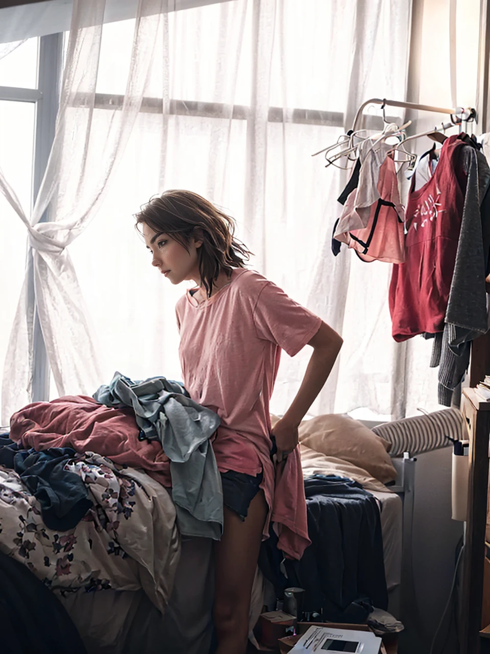 shot by Sony a7 IV Mirrorless Camera, natural light, analog film photo, Kodachrome ,A young woman with short, tousled hair sits on her bed, her gaze lost in the dimly lit room. The soft glow of the bedside lamp casts long shadows that dance across the walls, creating an atmosphere of quiet contemplation. Her face, framed by her messy hair, is etched with a hint of sadness and a touch of weariness, yet a glimmer of hope shines through her eyes